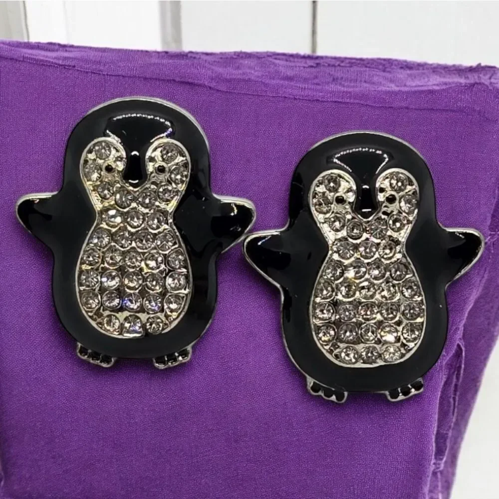 Penguin Rhinestone Earrings Sparkly Pierced Ear Post Women's Jewelry Arctic Fun